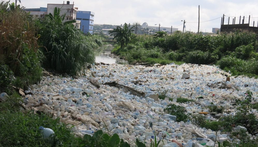 Plastic waste in a river in Douala, Cameroon