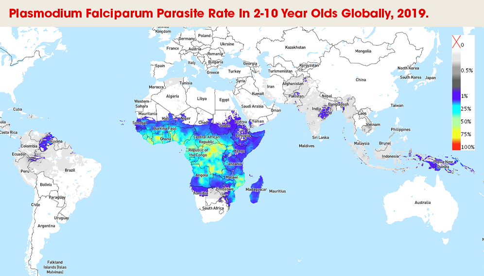 Taux de prévalence du parasite Plasmodium falciparum chez les enfants de 2-10 ans à travers le monde en 2019