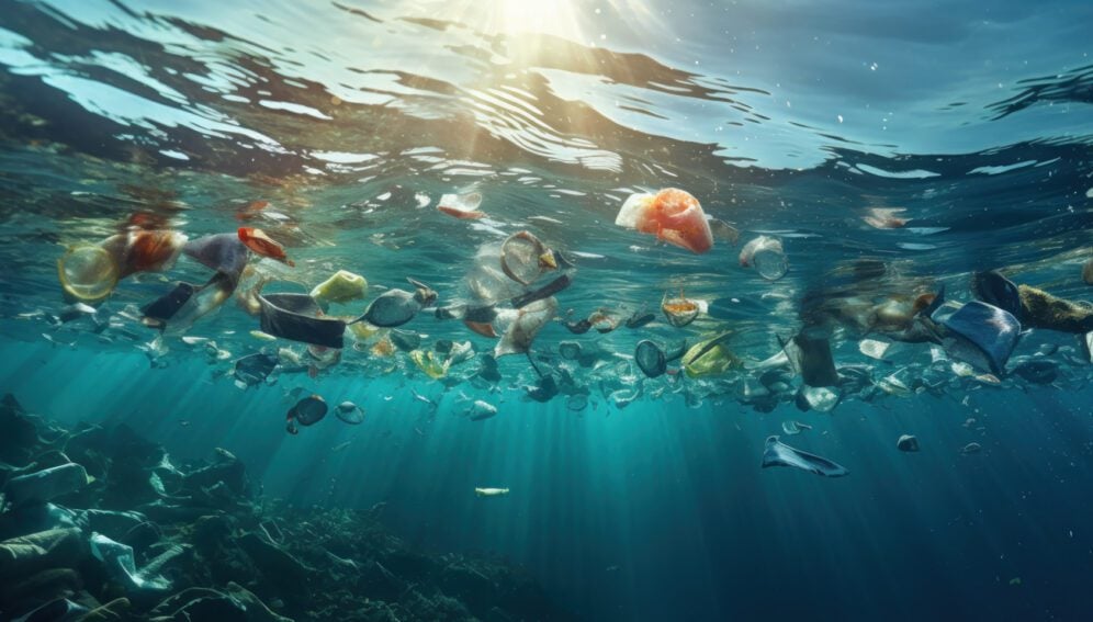 Plastic waste quietly gathers in the ocean, unnoticed by marine life.