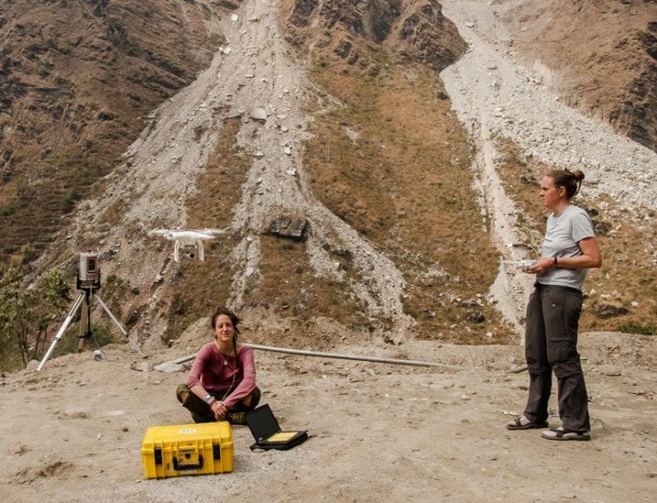Scientists from the GFZ German Research Centre for Geosciences study landslide hazards near Chaku in northern Nepal. Sensors on the flying drone allow them to map the landslides and monitor debris movement
