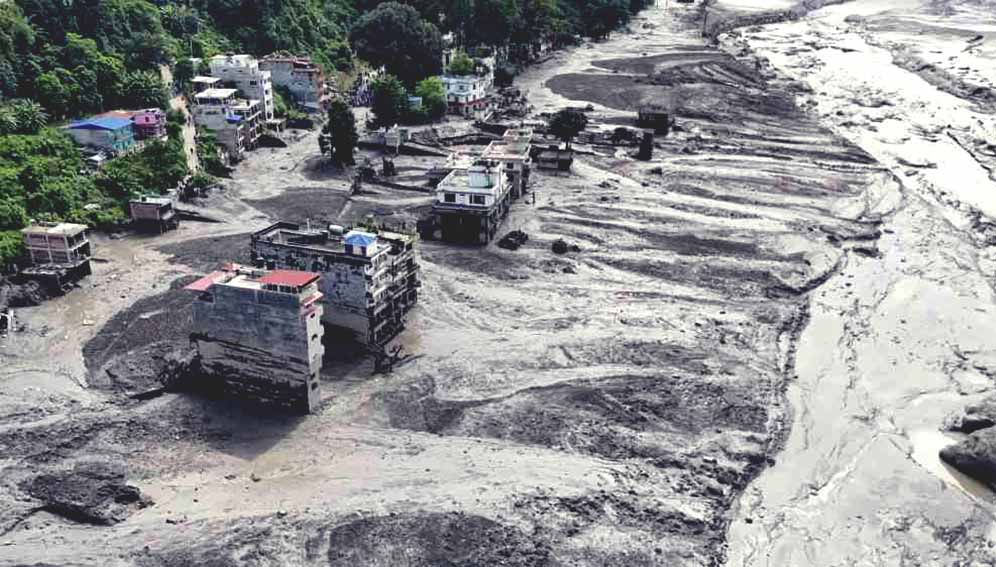 Many homes and infrastructure near the Bhotekoshi River were damaged or destroyed during the devastating flash floods that left thousands of people missing. Copyright: Gautam/UNICEF