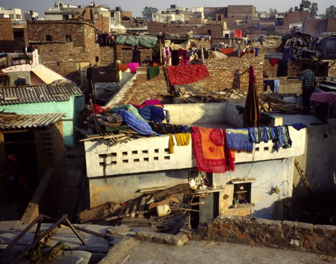 Rooftops of a slum in Shadipur Depot.