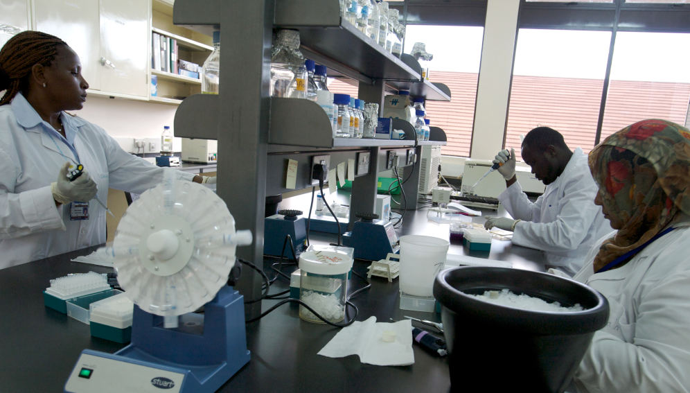 Scientists work in a laboratory at the International Livestock Research Institute in Nairobi, Kenya. Australia provides funding to the Institute through the Australian Centre for International Agricultural Research (ACIAR), to improve African food security. Original Link: https://commons.wikimedia.org/wiki/File:Africa_Food_Security_Research_5_%2810665167166%29.jpg