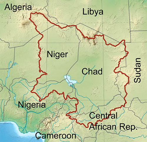 Map showing location of Lake Chad. Adapted from Wikimedia Commons.