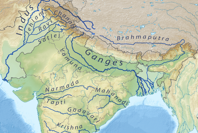 Map showing with major rivers flowing through India and neighbouring countries. Adapted from Wikimedia Commons.