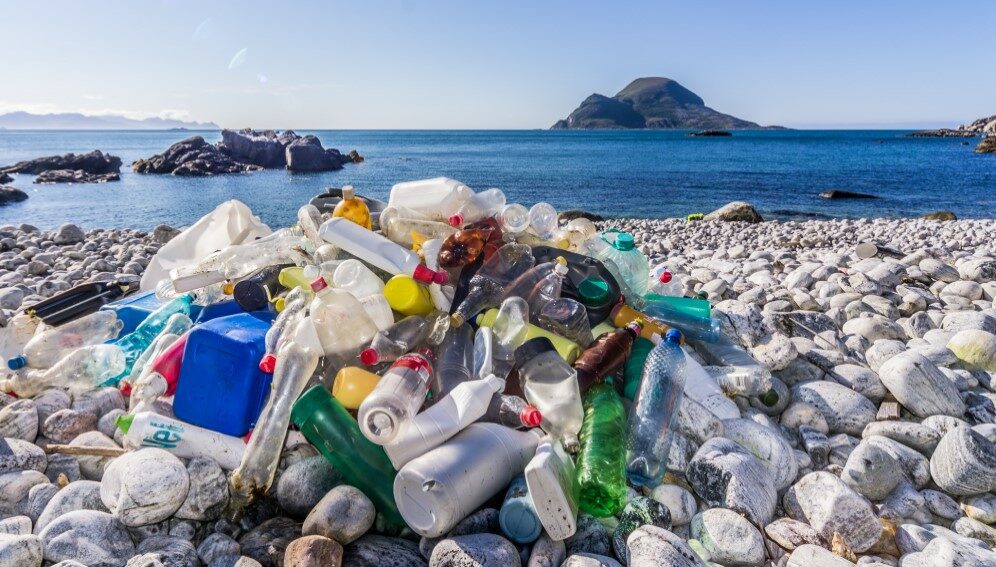Marine litter. Plastic bottles on a beach main