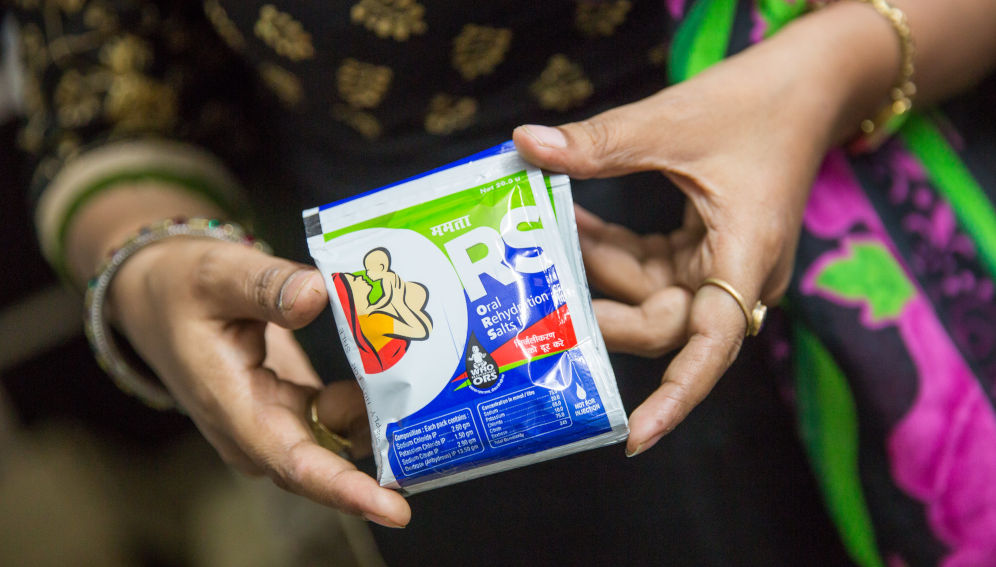 Oral Rehydration Salts (ORS) is a World Health Organization (WHO) recommended medication that is provided free of cost to patients of the district hospital in Ichhawar, Sehore District, Madhya Pradesh, India. Photo by Simon Berry, GF