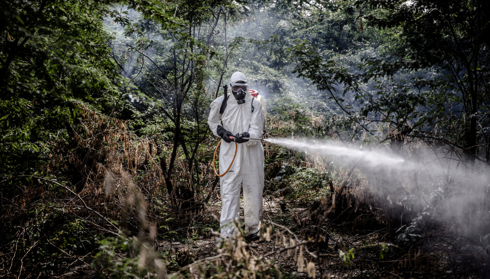 A member of Kenya's National Youth Service sprays pesticides in an area infested with hopper bands of desert locust in Lokichar, Turkana County, Kenya.