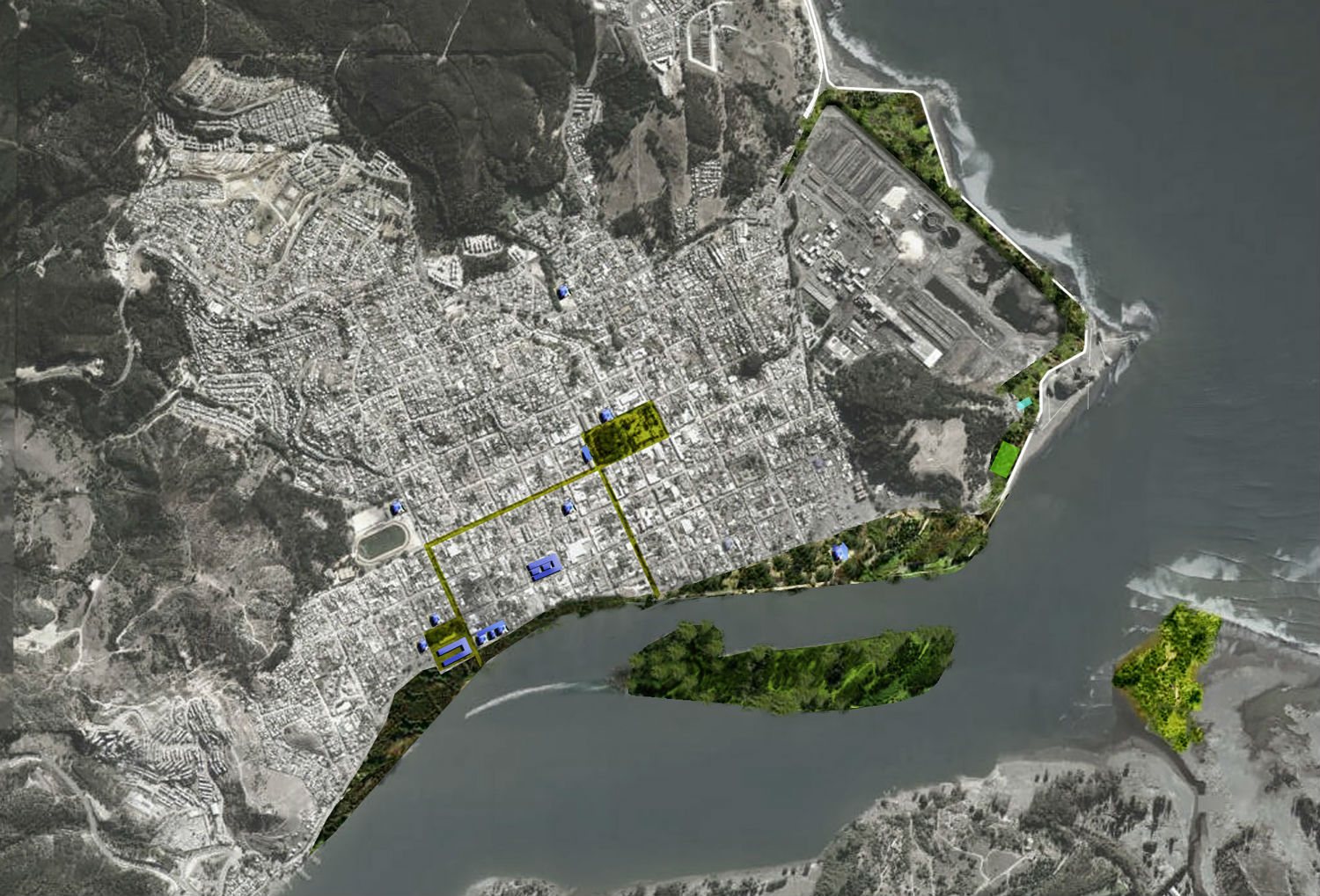 In February 2010, a huge earthquake and tsunami hit Chile, devastating the country and displacing thousands of people. The coastal city of Constitución was among the worst hit. This image shows post-tsunami reconstruction plans: growing trees along the coast creates a natural buffer against tsunamis 
