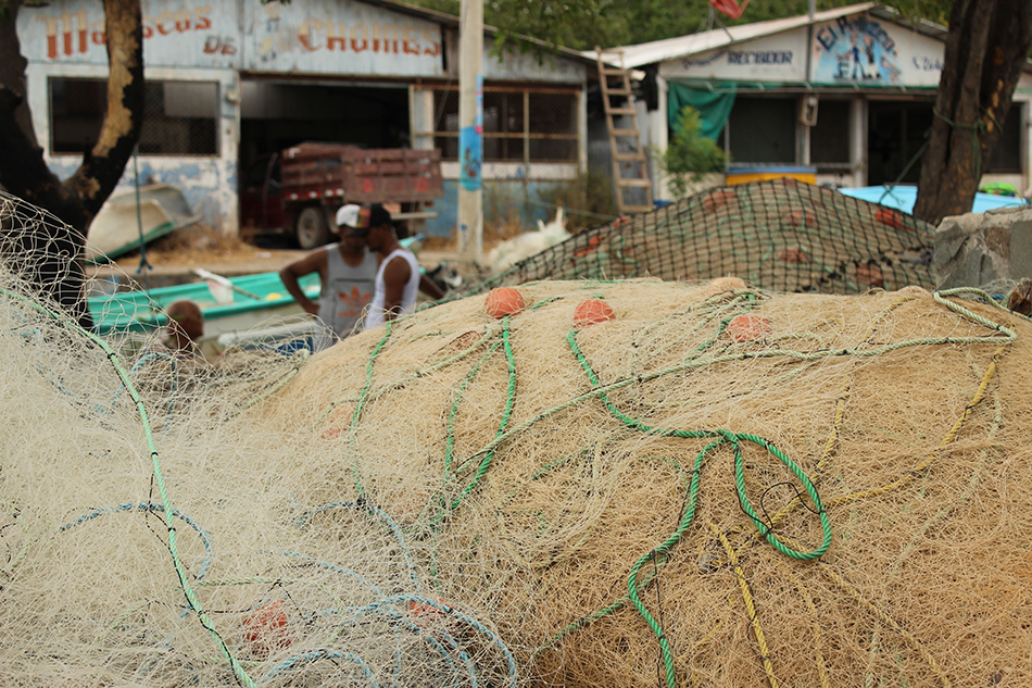 Fishing nets rest in piles along the riverbank. The men of the community have a licence to fish and sell their catch locally. But there is no formal recognition of the women who gather molluscs from the mangrove.

