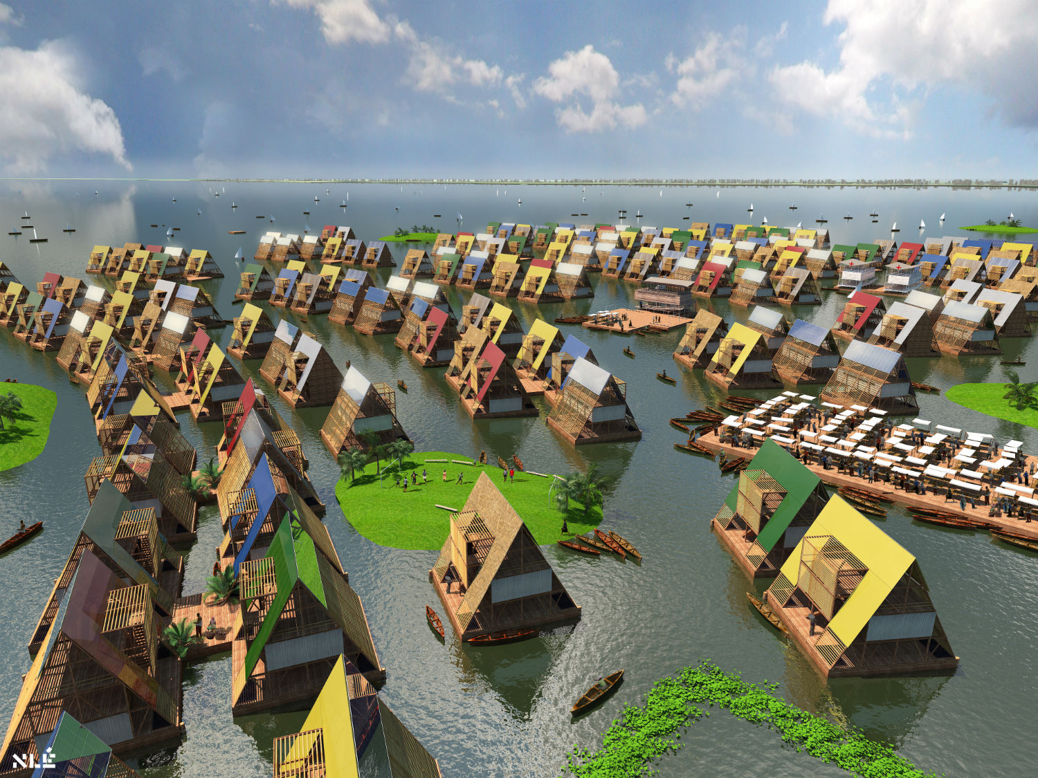 In Nigeria, the impacts of climate change combine with soil erosion, deforestation and subsidence to make flooding a growing problem. In 2012, floods displaced 2.1 million people. Architecture firm NLE has been working with the residents of a 100,000-strong waterside slum district in Lagos to create floating homes in a lagoon
