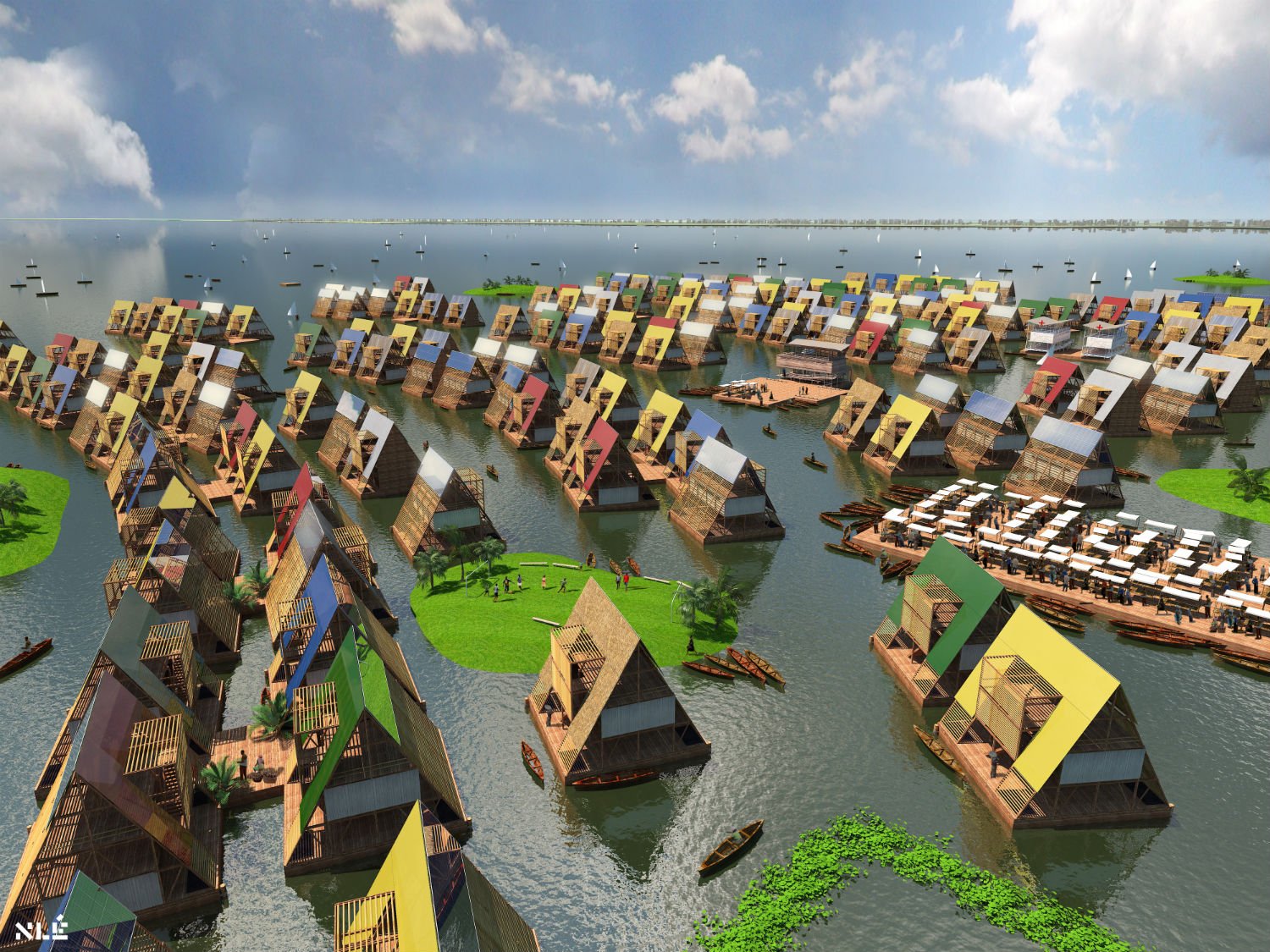 In Nigeria, the impacts of climate change combine with soil erosion, deforestation and subsidence to make flooding a growing problem. In 2012, floods displaced 2.1 million people. Architecture firm NLE has been working with the residents of a 100,000-strong waterside slum district in Lagos to create floating homes in a lagoon
