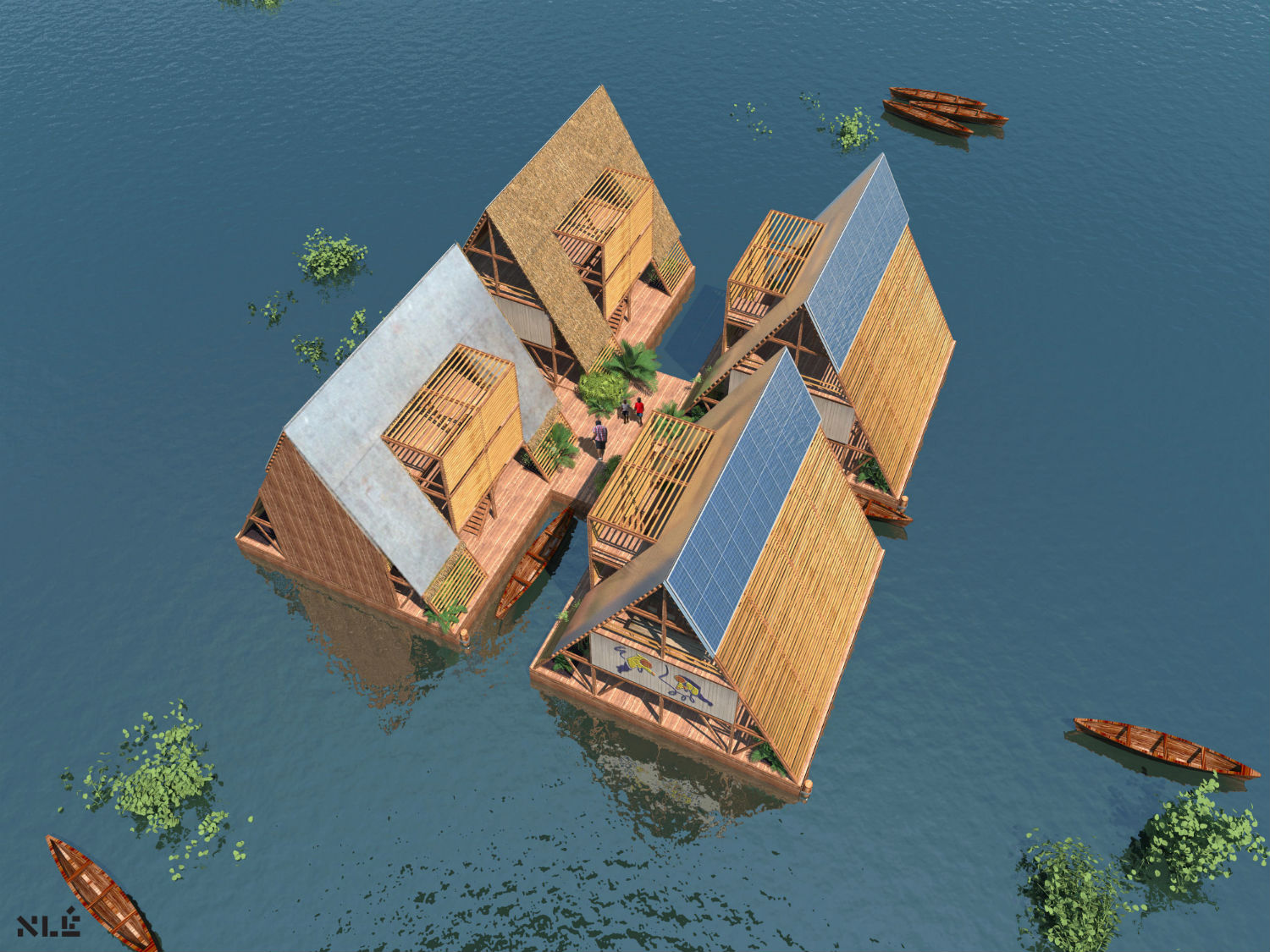 Designs for floating homes in Lagos, Nigeria. The structures are designed from local wood and have solar panels to make them energy self-sufficient. The dwellings are designed to move with the tide, working in harmony with nature rather than against it
