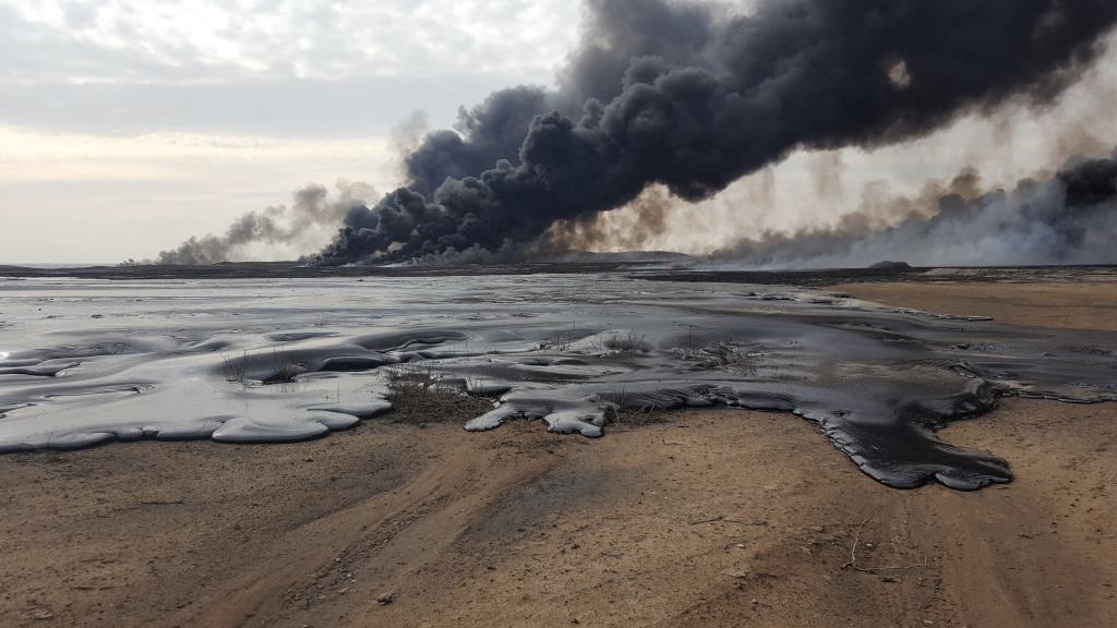 The site of the Qayyara oil wells that was set ablaze by ISIS late last year
