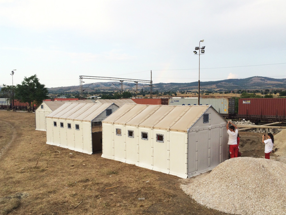 Shelters being assembled in Macedonia. The shelters cater for the hundreds of asylum seekers who arrive in the country every day and wait in transit to travel to other destinations across Europe
