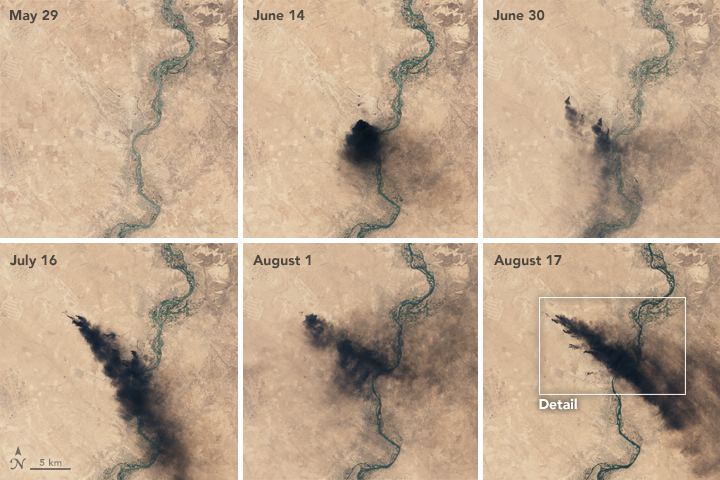 Satellite photos taken in 2016 showing Qayyarah oil well located south of Mosul
