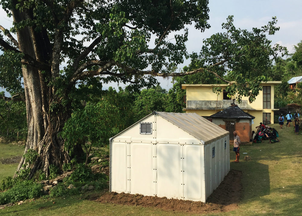 A Better Shelter set up after the April earthquake to host temporary healthcare facilities. Units can be joined together to make larger buildings such as schools and health centres
