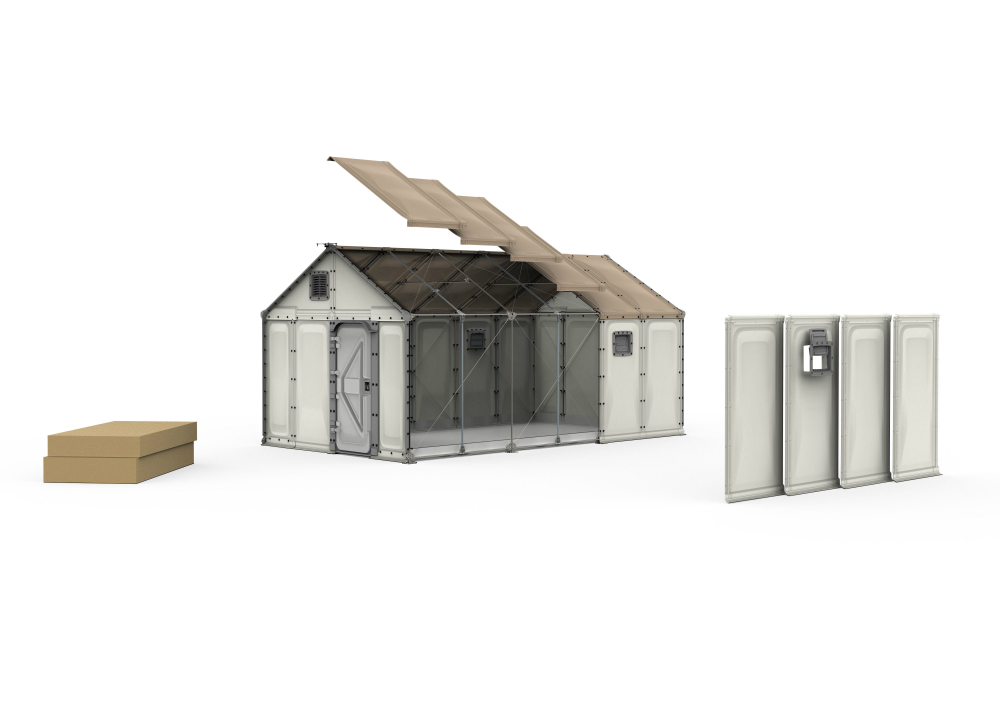 A graphic of the shelter’s structure. Refugees can choose where they want doors and windows to go. The shelters are made from polypropylene, which is lightweight and insulating, and is better than tent fabric at surviving in strong sunlight
