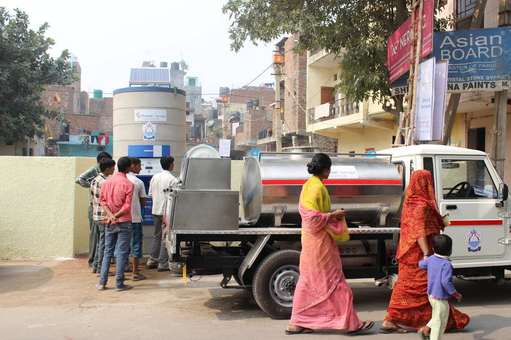 The ATMs are 2.2-tonne, solar-powered concrete structures that are connected to Sarvajal’s server. Each can hold 500 litres of water. The company delivers water two to three times a day to five ATMs in the colony, serving around 2,000 families
