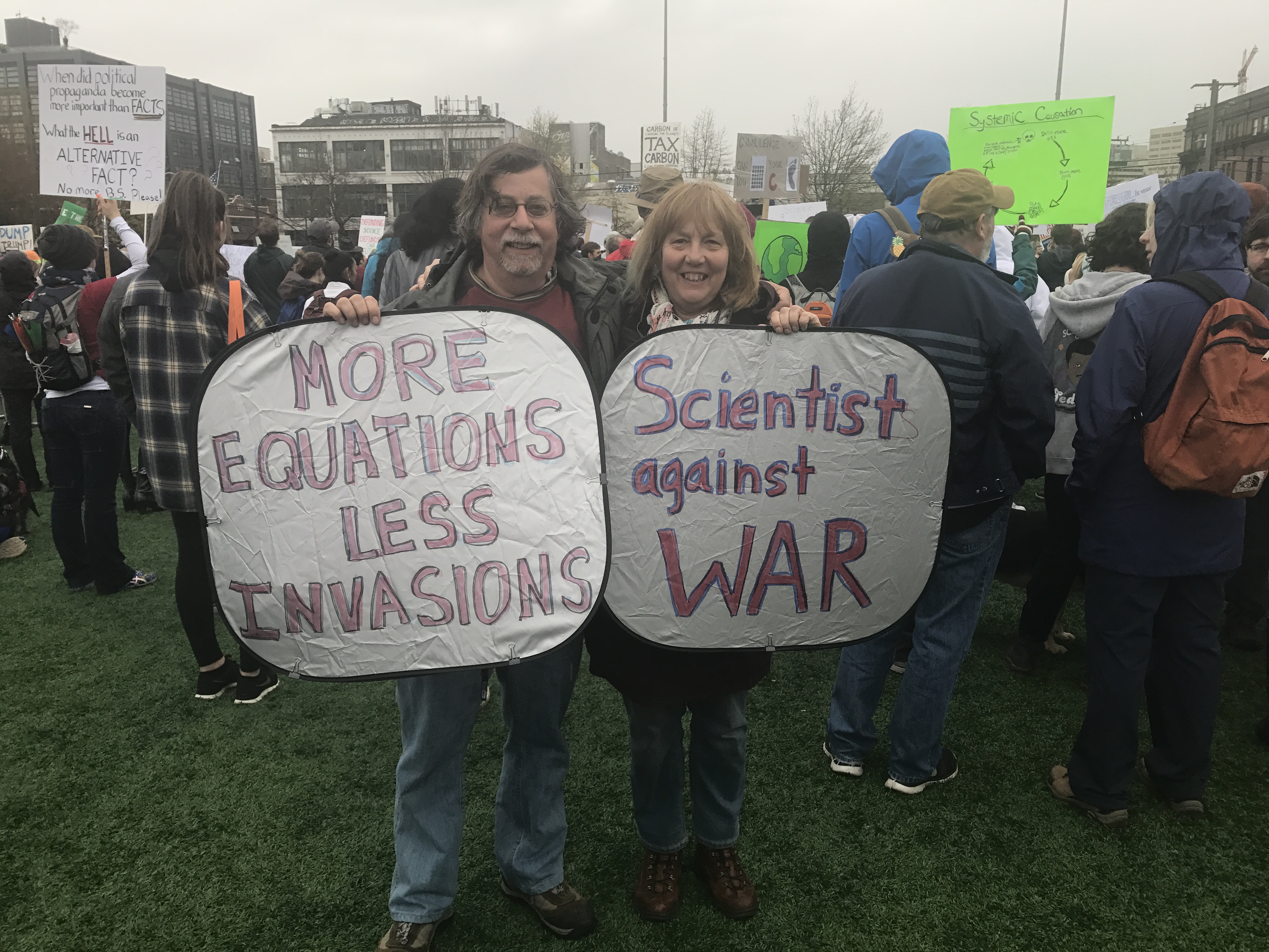 Scientists Kathy Barker and Alan Aderem attended with thousands of others in Seattle, Washington state. "Science without intentional thought and morality can do great harm," they said. 
