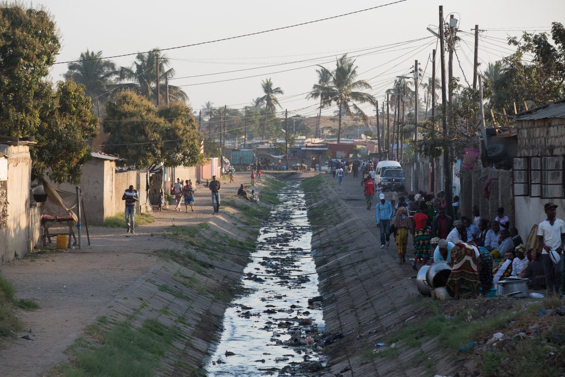 An open sewer canal in the district of Drenagem Do Vale Do Infulene.&nbsp; These canals can be breeding grounds for disease-carrying mosquitoes. Malaria is endemic in Maputo

