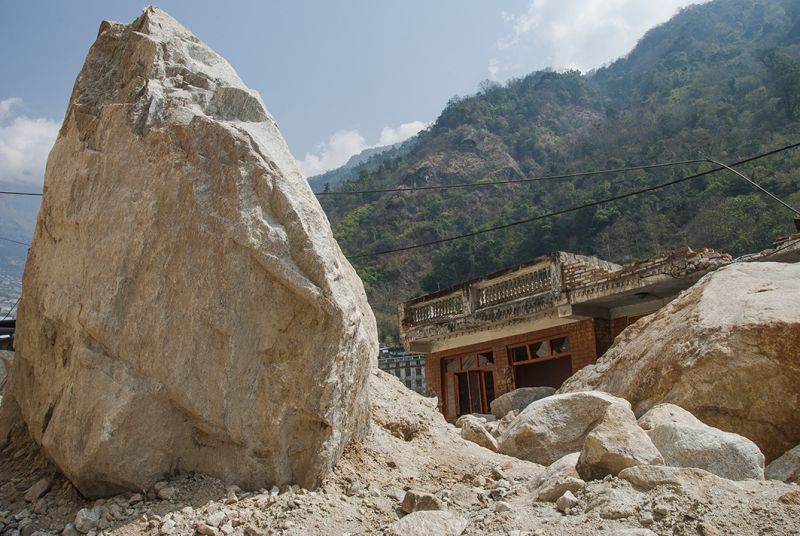 A house in the town of Kodari — a former Nepalese trade centre on the Araniko Highway near the border with China — survived the shaking during last year’s earthquake, but was crushed by rockfalls. The quake triggered more than 10,000 landslides across the country
