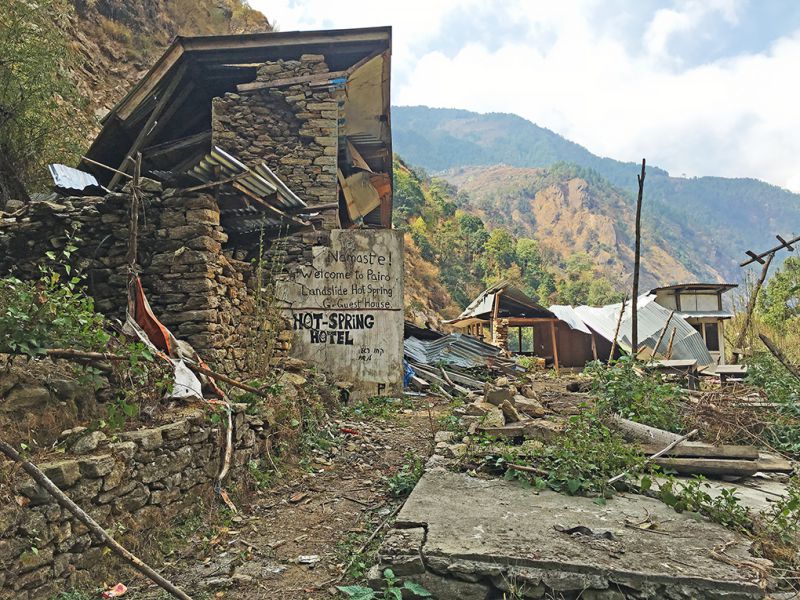 This hotel — called Pairo Landslide Hot Spring Guest House in the Langtang Valley, a popular trekking destination in northern Nepal — was built at a site highly prone to rockfalls. It was crushed by large boulders in the 2015 earthquake
