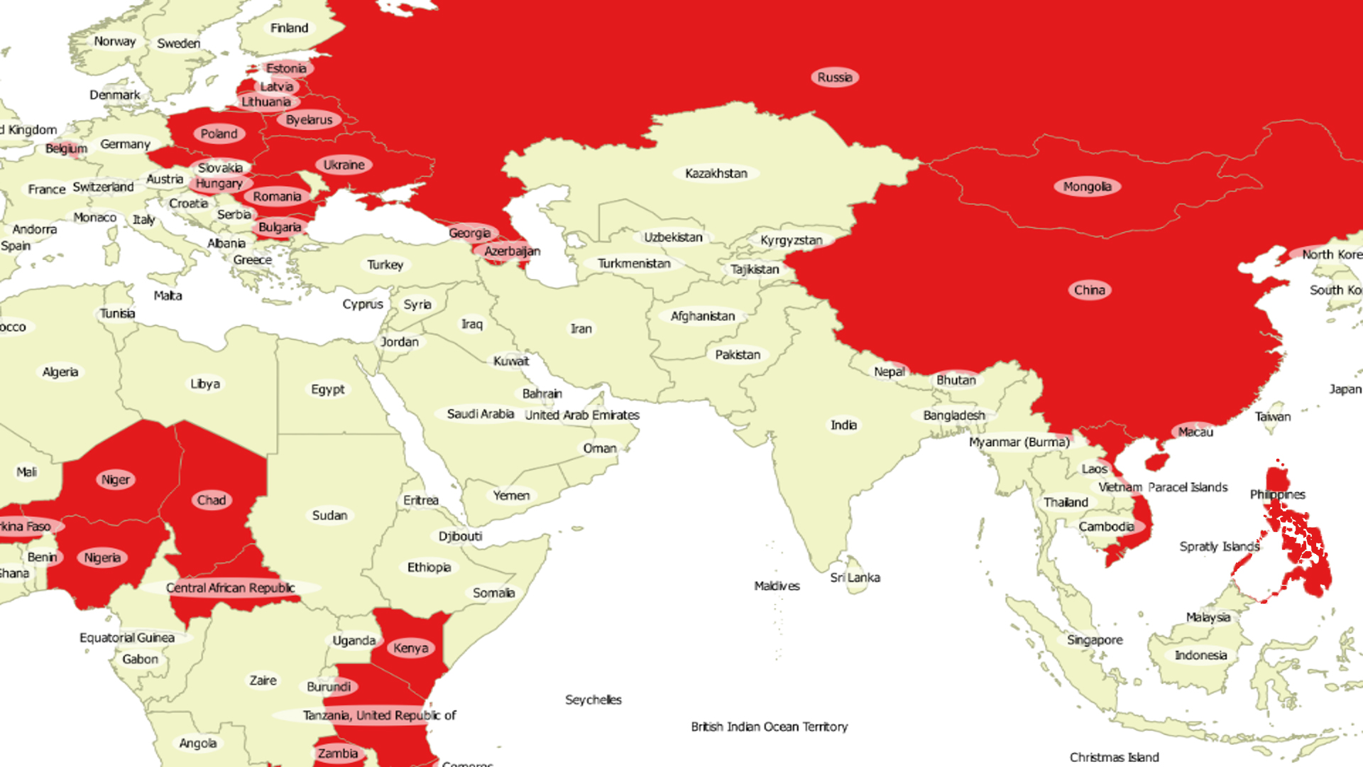Map of countries affected with swine fever